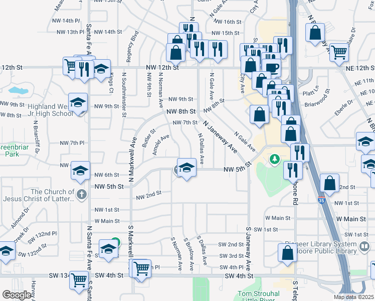 map of restaurants, bars, coffee shops, grocery stores, and more near 628 North Bristow Avenue in Moore