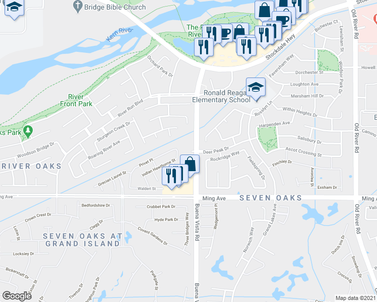 map of restaurants, bars, coffee shops, grocery stores, and more near 1315 Buena Vista Road in Bakersfield