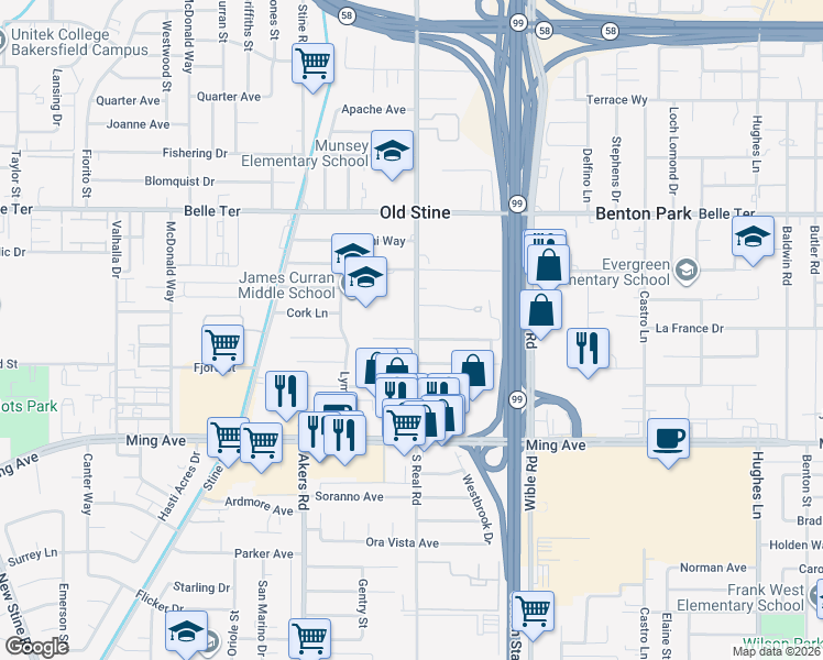 map of restaurants, bars, coffee shops, grocery stores, and more near 3608 Laverne Avenue in Bakersfield
