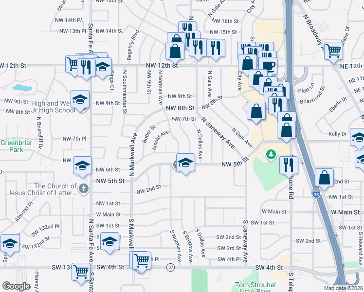 map of restaurants, bars, coffee shops, grocery stores, and more near 709 North Norman Avenue in Moore