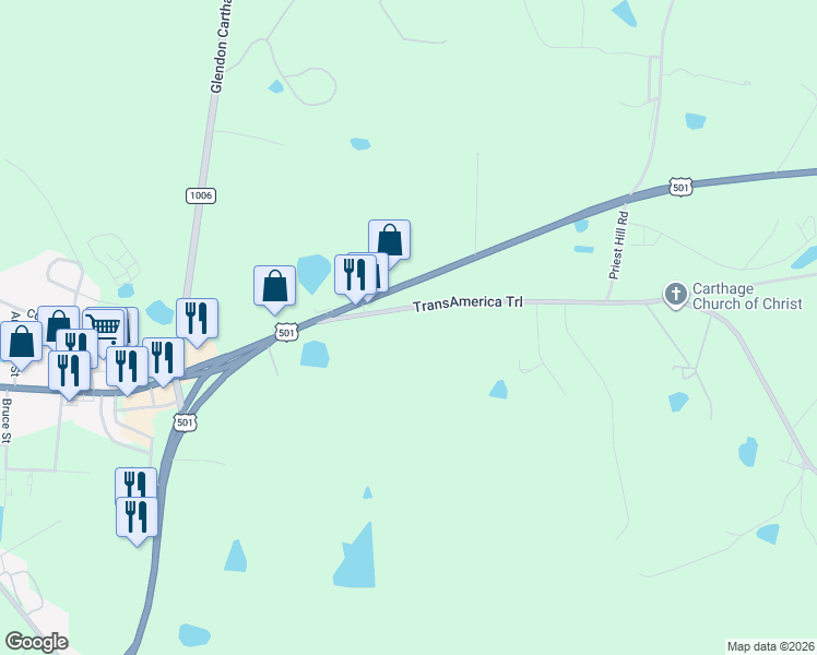 map of restaurants, bars, coffee shops, grocery stores, and more near 210 Union Church Road in Carthage