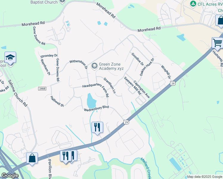 map of restaurants, bars, coffee shops, grocery stores, and more near 12203 Clackwyck Lane in Charlotte