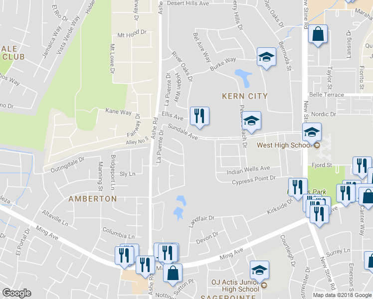 map of restaurants, bars, coffee shops, grocery stores, and more near 1308 Club View Drive in Bakersfield