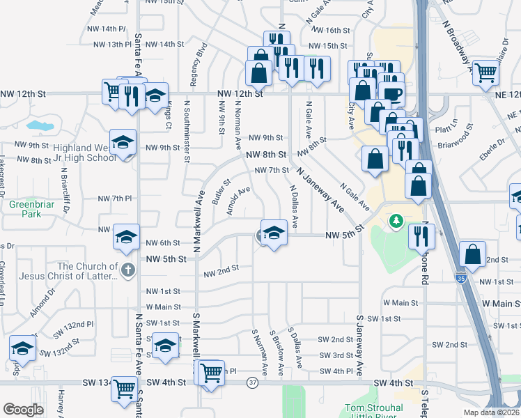 map of restaurants, bars, coffee shops, grocery stores, and more near 709 North Norman Avenue in Moore