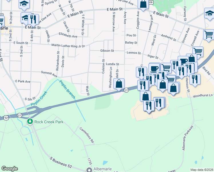 map of restaurants, bars, coffee shops, grocery stores, and more near 580 Washington Lane in Albemarle