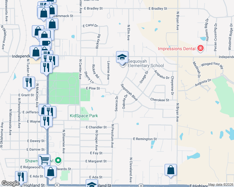 map of restaurants, bars, coffee shops, grocery stores, and more near 9 Seneca Drive in Shawnee