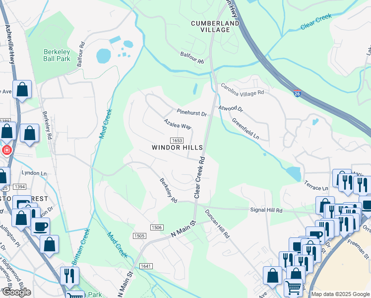 map of restaurants, bars, coffee shops, grocery stores, and more near 105 Azalea Way in Hendersonville