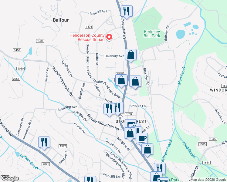 map of restaurants, bars, coffee shops, grocery stores, and more near 2320 Greater Druid Hills Boulevard in Hendersonville