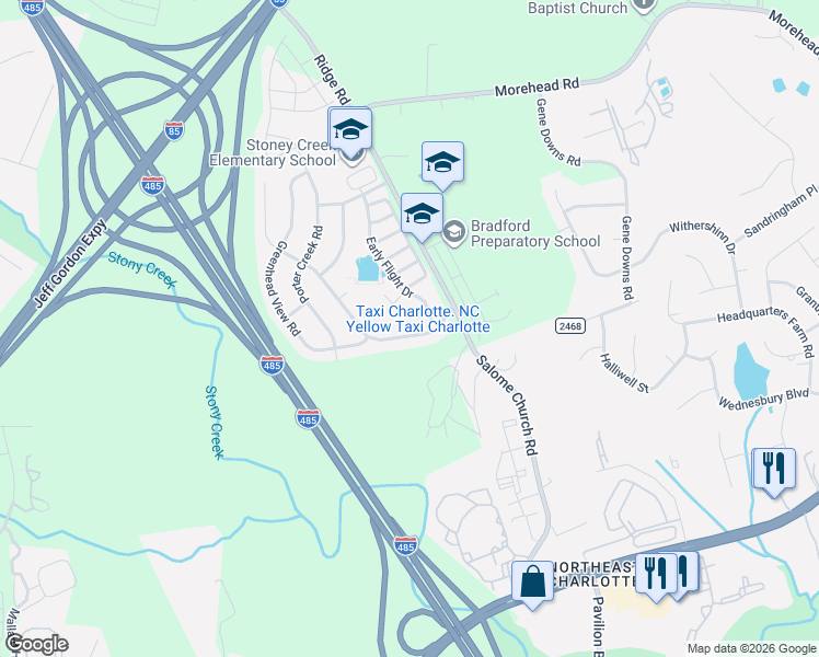 map of restaurants, bars, coffee shops, grocery stores, and more near 14009 Mallard Lake Road in Charlotte