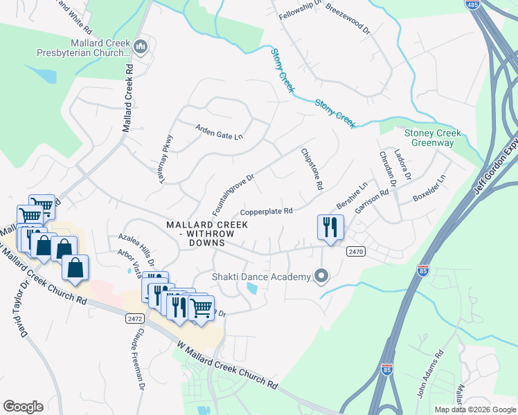 map of restaurants, bars, coffee shops, grocery stores, and more near 1942 Copperplate Road in Charlotte