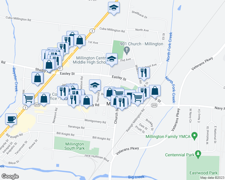 map of restaurants, bars, coffee shops, grocery stores, and more near 7940 Pryor Place in Millington