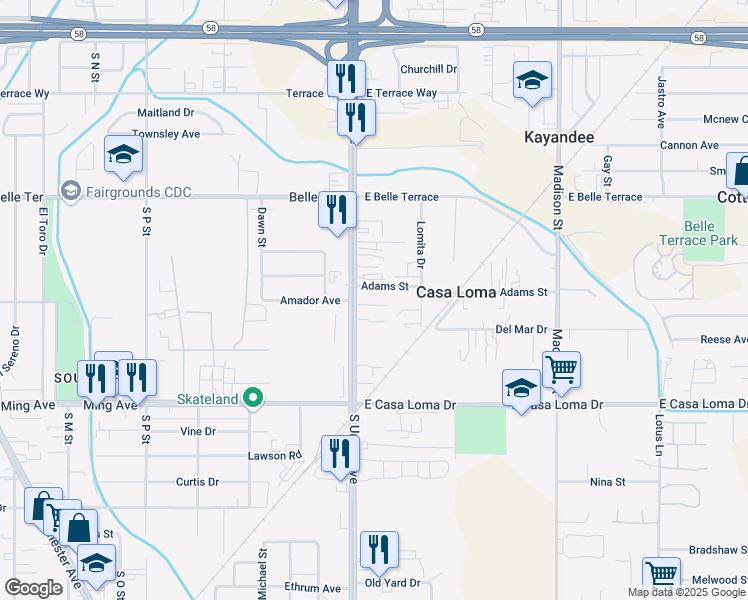 map of restaurants, bars, coffee shops, grocery stores, and more near 1108 South Union Avenue in Bakersfield