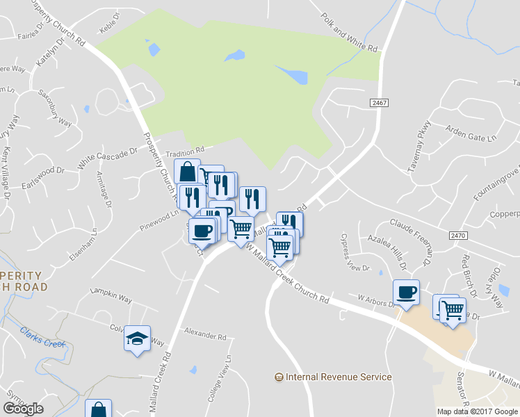 map of restaurants, bars, coffee shops, grocery stores, and more near 2530 Crescent View Drive in Charlotte