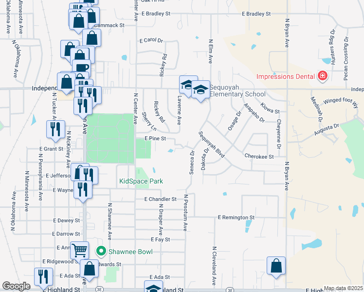 map of restaurants, bars, coffee shops, grocery stores, and more near Creek Drive in Shawnee
