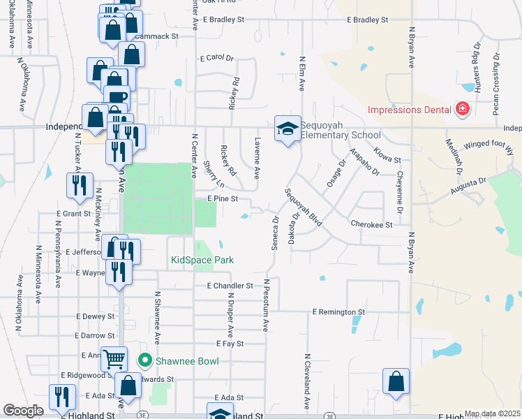 map of restaurants, bars, coffee shops, grocery stores, and more near Creek Drive in Shawnee