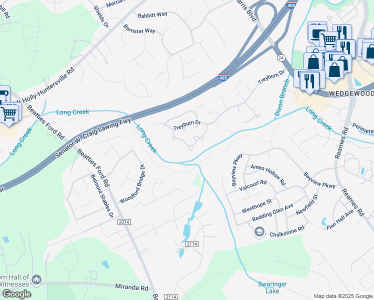map of restaurants, bars, coffee shops, grocery stores, and more near 8921 Cinnabay Drive in Charlotte