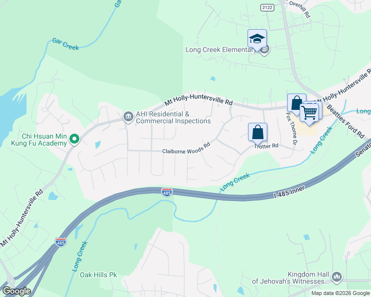 map of restaurants, bars, coffee shops, grocery stores, and more near 7411 Claiborne Woods Road in Charlotte