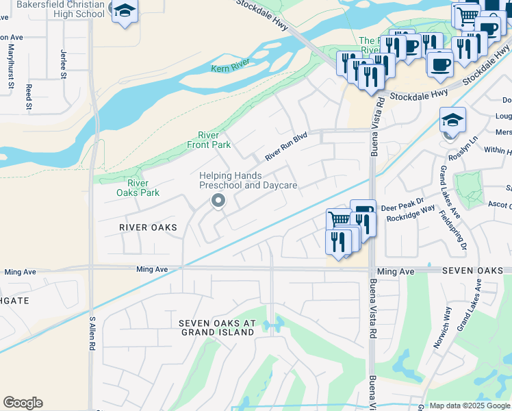 map of restaurants, bars, coffee shops, grocery stores, and more near 11917 Roaring River Avenue in Bakersfield