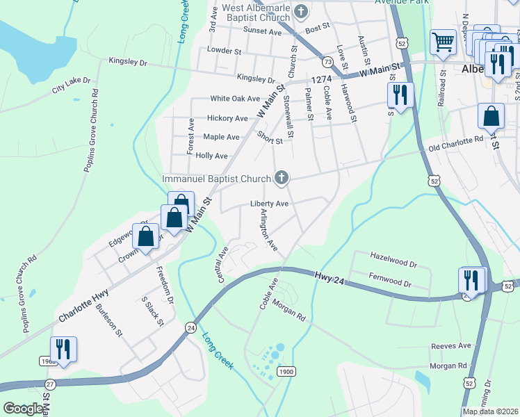 map of restaurants, bars, coffee shops, grocery stores, and more near 1501 Liberty Avenue in Albemarle