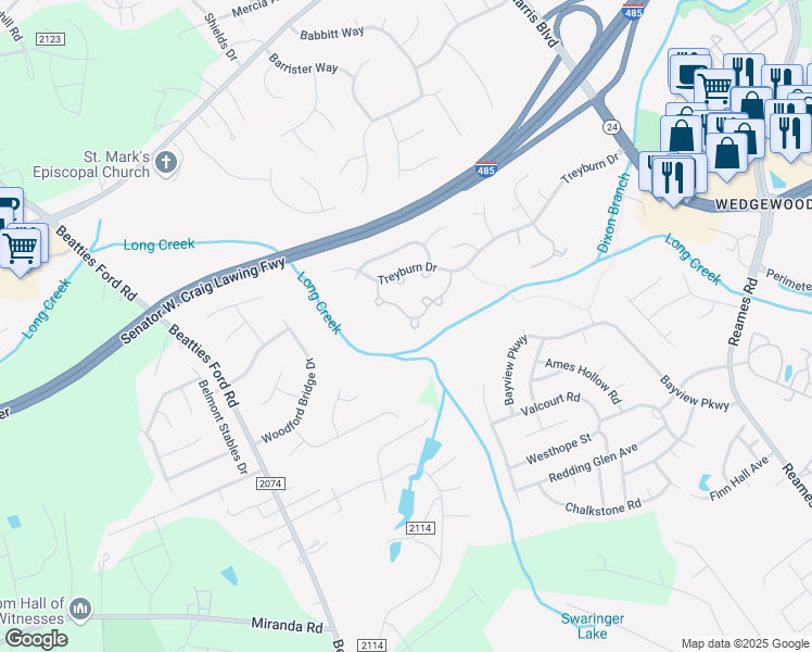 map of restaurants, bars, coffee shops, grocery stores, and more near 8941 Cinnabay Drive in Charlotte