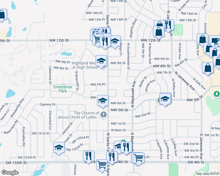 map of restaurants, bars, coffee shops, grocery stores, and more near 800 North Santa Fe Avenue in Moore