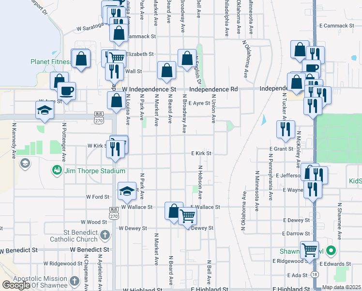 map of restaurants, bars, coffee shops, grocery stores, and more near 1116 North Broadway Avenue in Shawnee