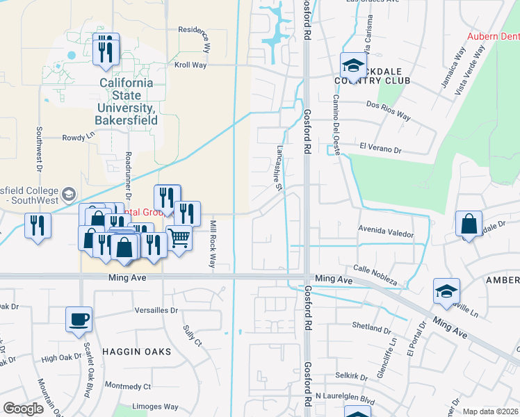 map of restaurants, bars, coffee shops, grocery stores, and more near 8165 Camino Media in Bakersfield