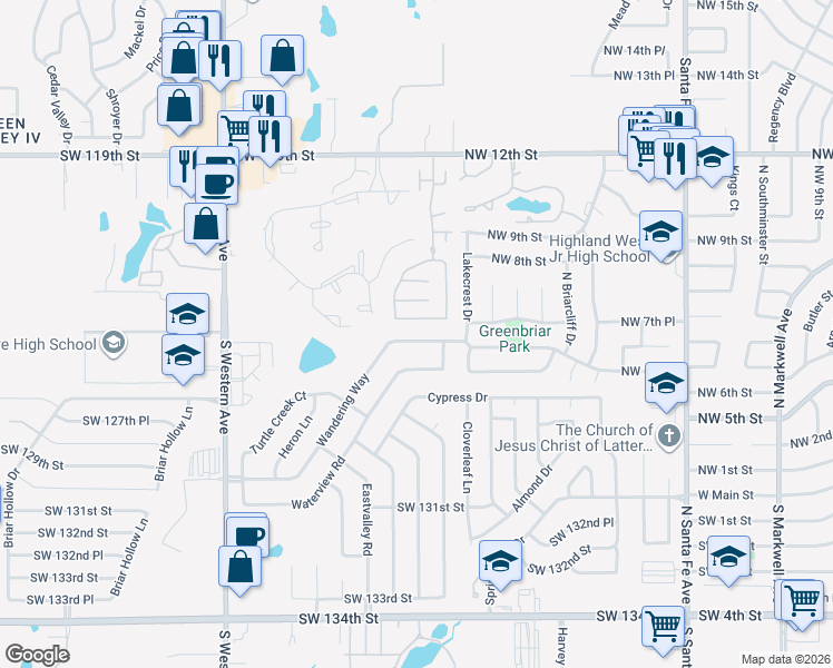 map of restaurants, bars, coffee shops, grocery stores, and more near 529 Wandering Way in Oklahoma City