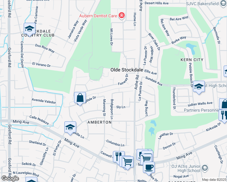 map of restaurants, bars, coffee shops, grocery stores, and more near 6713 Kearsarge Way in Bakersfield