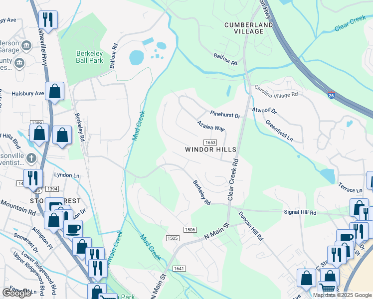 map of restaurants, bars, coffee shops, grocery stores, and more near 135 Plantation Drive in Hendersonville