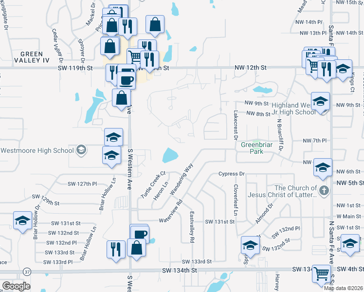 map of restaurants, bars, coffee shops, grocery stores, and more near 12341 Shorehan Court in Oklahoma City