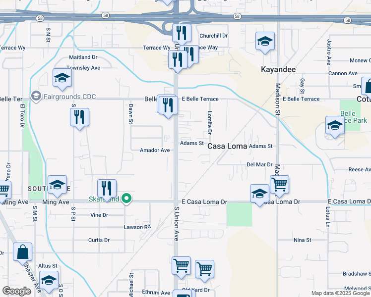 map of restaurants, bars, coffee shops, grocery stores, and more near 1108 South Union Avenue in Bakersfield