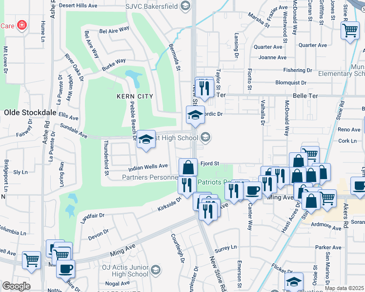 map of restaurants, bars, coffee shops, grocery stores, and more near 1401 New Stine Road in Bakersfield