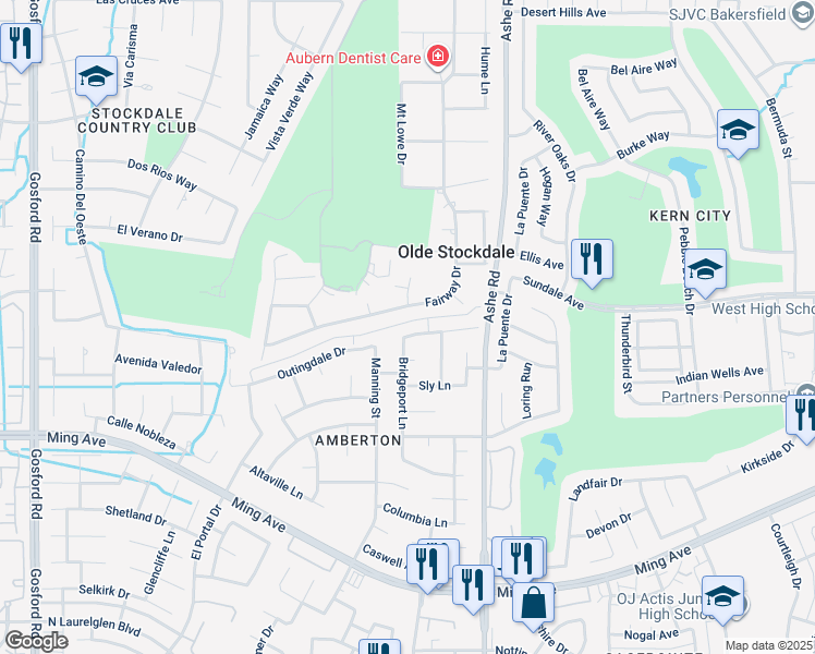 map of restaurants, bars, coffee shops, grocery stores, and more near 6713 Kearsarge Way in Bakersfield