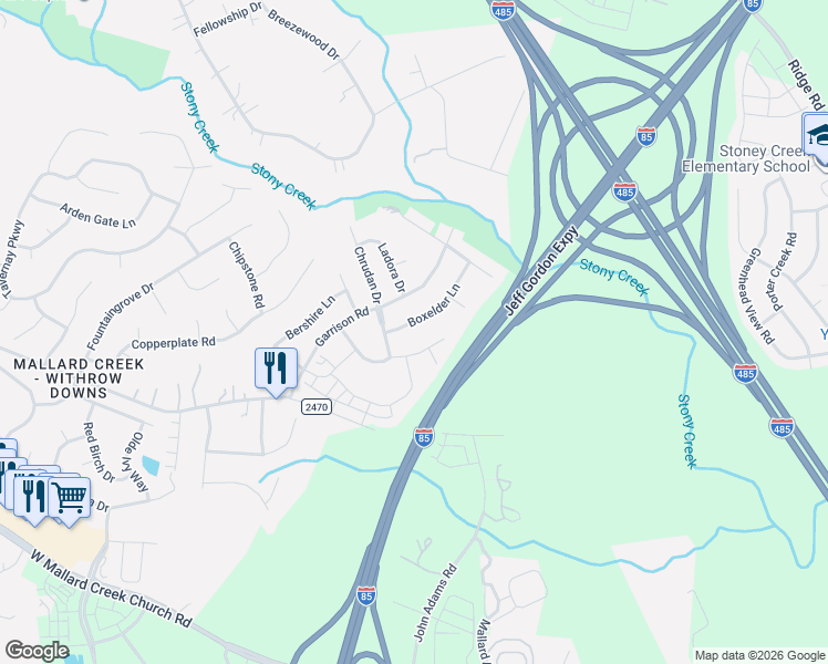 map of restaurants, bars, coffee shops, grocery stores, and more near 1147 Boxelder Lane in Charlotte