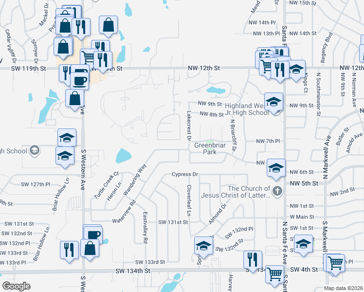 map of restaurants, bars, coffee shops, grocery stores, and more near 1401 Northwest 6th Place in Oklahoma City