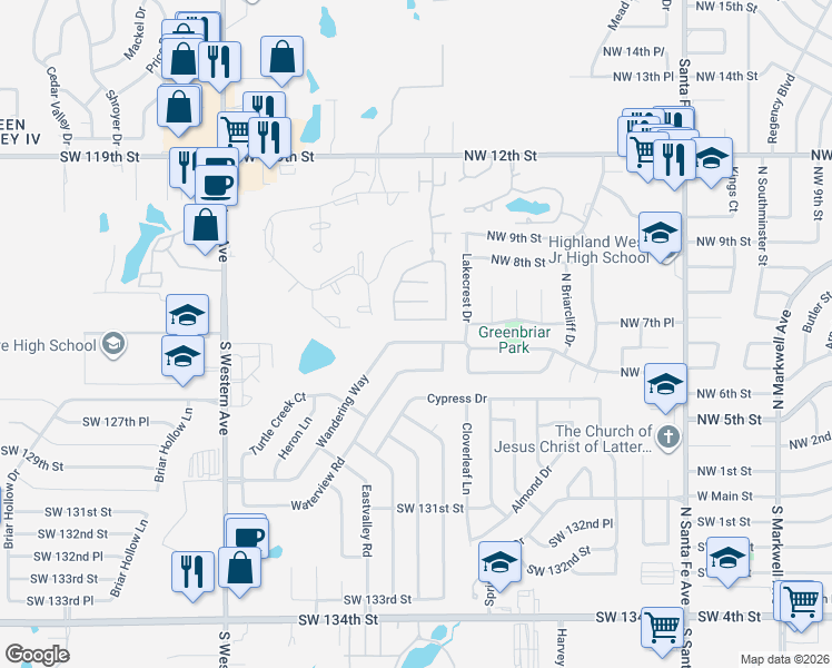 map of restaurants, bars, coffee shops, grocery stores, and more near 529 Wandering Way in Oklahoma City