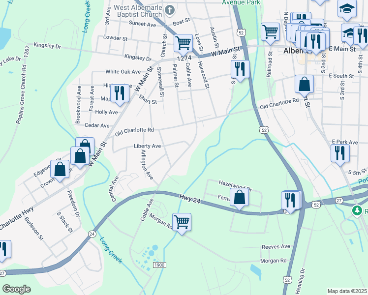 map of restaurants, bars, coffee shops, grocery stores, and more near 610 Coble Avenue in Albemarle