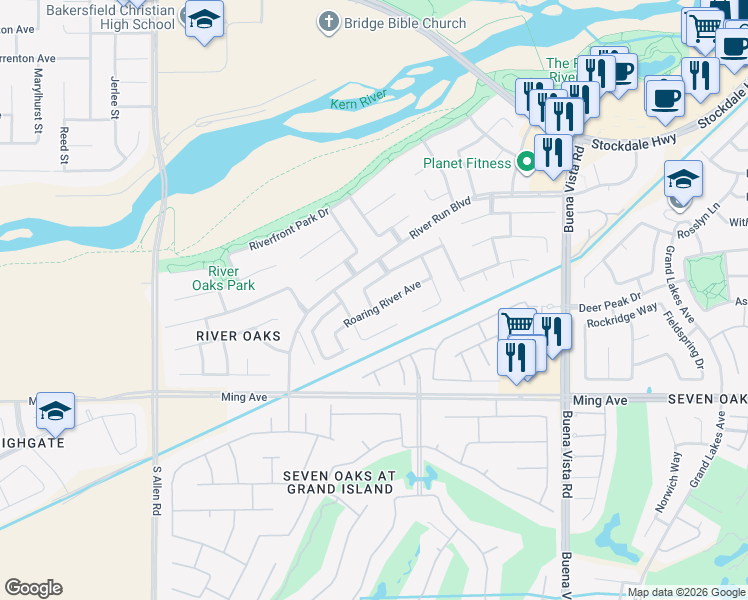 map of restaurants, bars, coffee shops, grocery stores, and more near 12014 Roaring River Avenue in Bakersfield