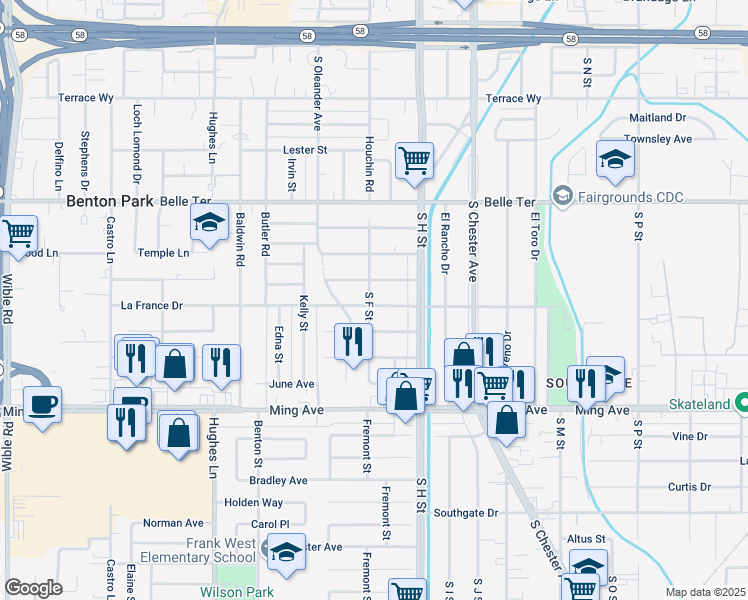 map of restaurants, bars, coffee shops, grocery stores, and more near 1820 La France Drive in Bakersfield