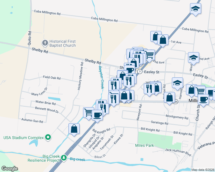 map of restaurants, bars, coffee shops, grocery stores, and more near 7949 Martha Road in Millington