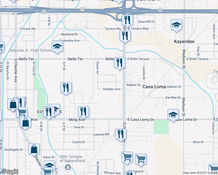 map of restaurants, bars, coffee shops, grocery stores, and more near 220 Amador Avenue in Bakersfield