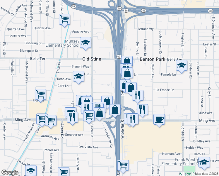 map of restaurants, bars, coffee shops, grocery stores, and more near 3401 Squire Lane in Bakersfield