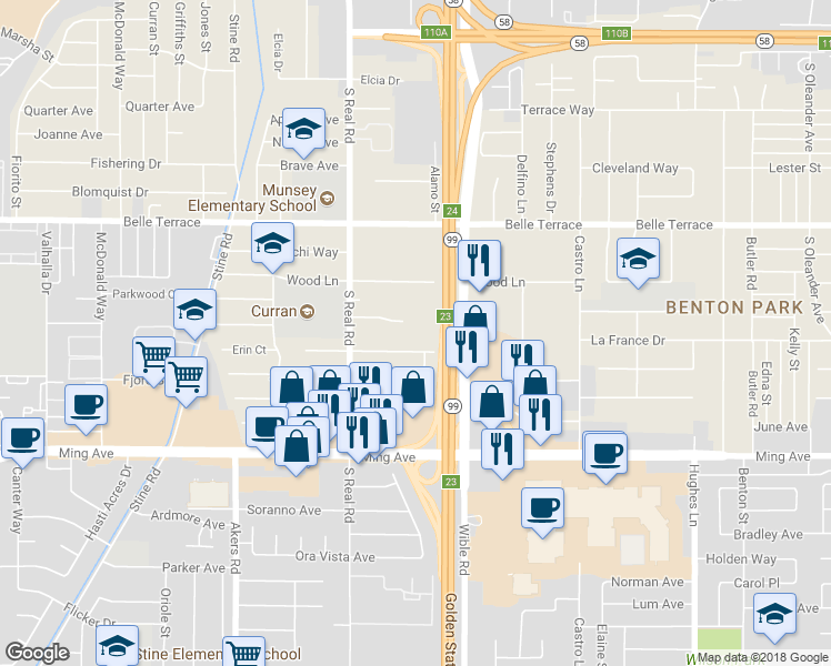 map of restaurants, bars, coffee shops, grocery stores, and more near 3401 Squire Lane in Bakersfield