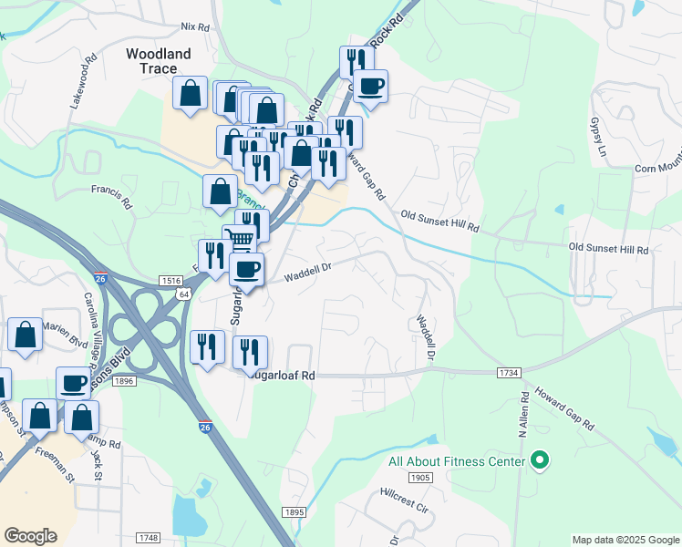 map of restaurants, bars, coffee shops, grocery stores, and more near 578 Waddell Drive in Hendersonville