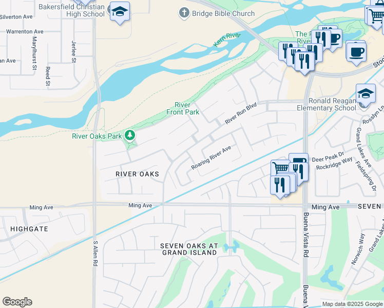 map of restaurants, bars, coffee shops, grocery stores, and more near 1304 Elkhorn Creek Lane in Bakersfield
