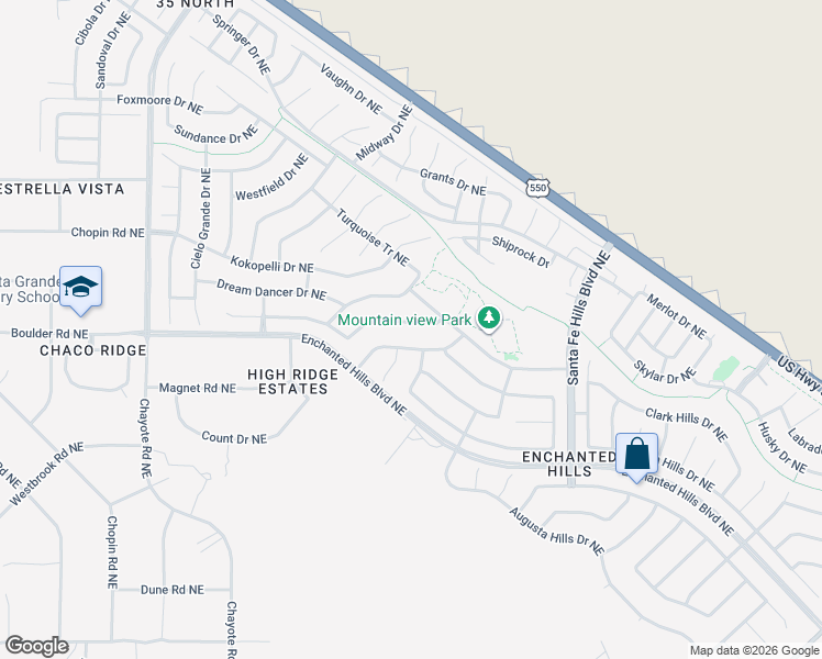 map of restaurants, bars, coffee shops, grocery stores, and more near 5040 Night Hawk Drive Northeast in Rio Rancho