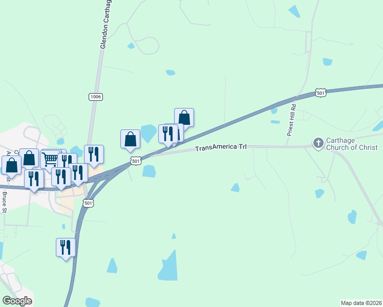 map of restaurants, bars, coffee shops, grocery stores, and more near 210 Union Church Road in Carthage