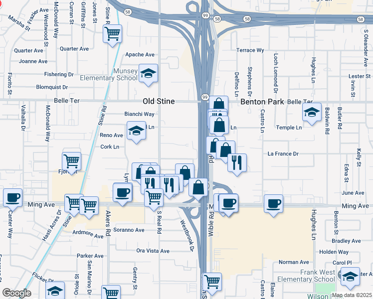 map of restaurants, bars, coffee shops, grocery stores, and more near 3416 Laverne Avenue in Bakersfield