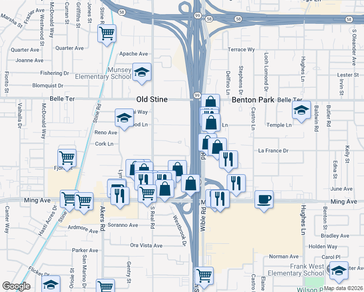 map of restaurants, bars, coffee shops, grocery stores, and more near 3416 Laverne Avenue in Bakersfield